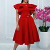 Womens Elegant Ruffle Sleeve Waist Tie A Line Midi Evening Dress