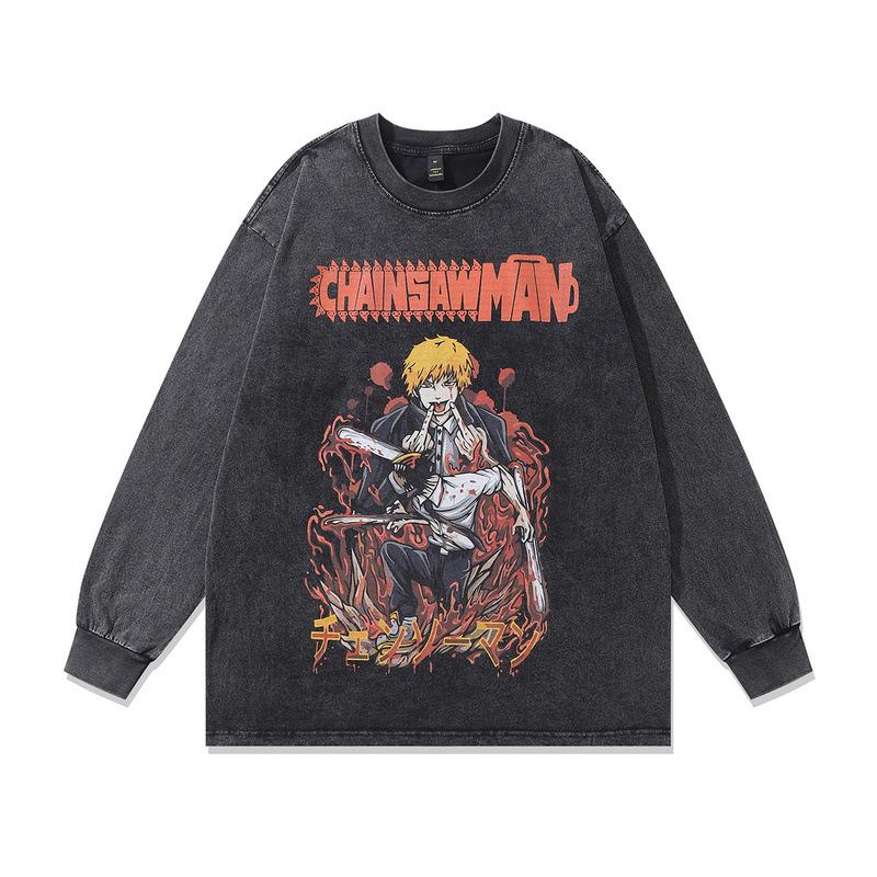 Heavy Weight Cotton Long-Sleeved T-Shirt For Men And Women, Dark Cartoon Print Fried Color, Retro Bottoming Pullover Sweater