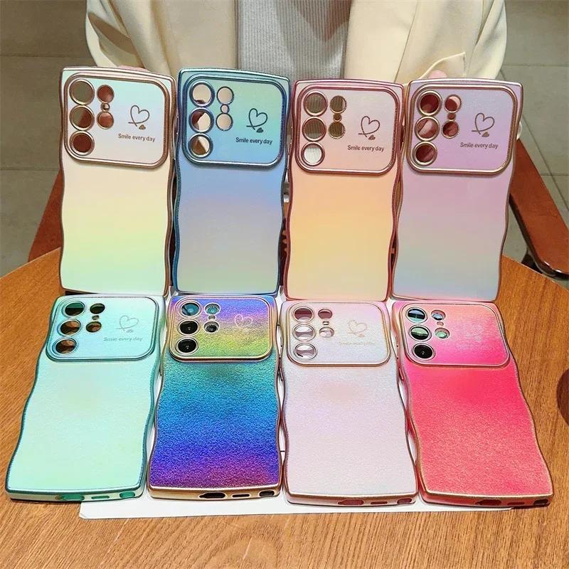 Colorful Love Heart Case For Samsung Galaxy S25 S24 S23 FE S22 Plus Ultra Shockproof Soft TPU Electroplated Wave Back Cover