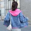 Women's Short Denim Jacket with Removable Hood, Embroidered Letters, Slimming Korean-Style Loose Fit for Spring and Autumn
