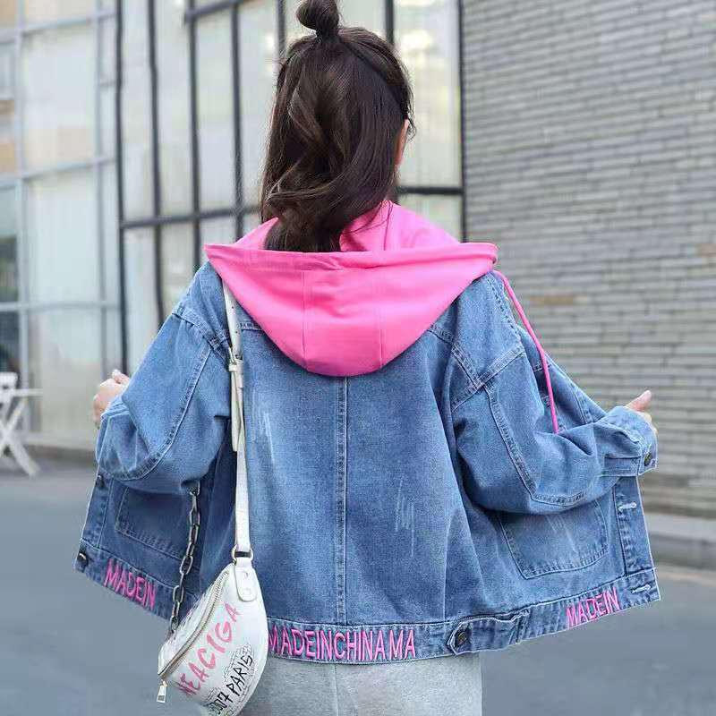 Women's Short Denim Jacket with Removable Hood, Embroidered Letters, Slimming Korean-Style Loose Fit for Spring and Autumn