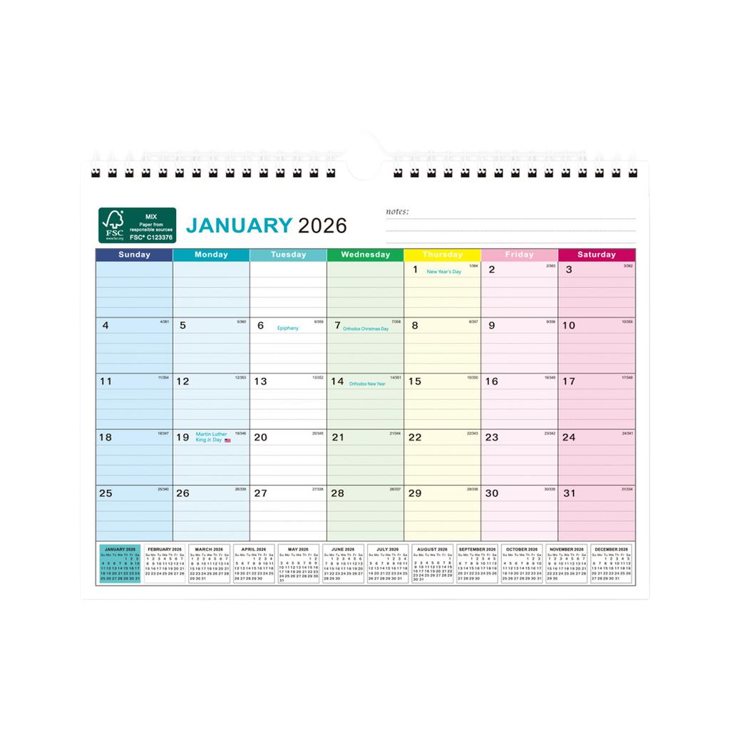 FSC Certified Wall Calendar 18 Months Multilingual Design With 5 Countries Holidays
