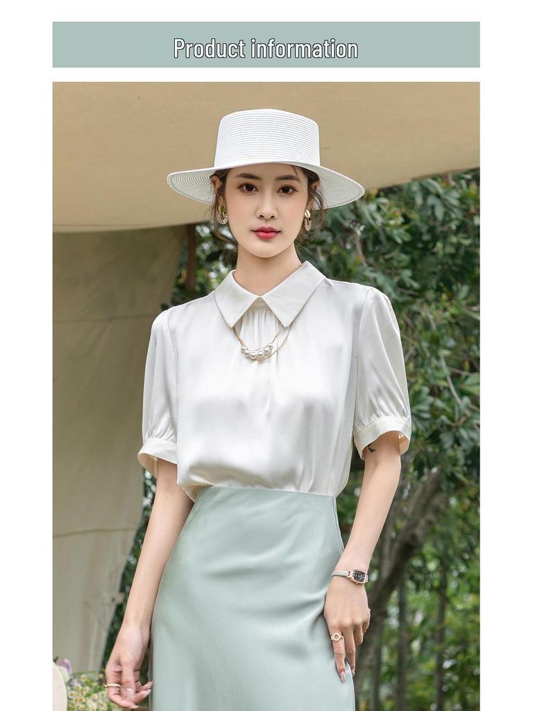2025 Summer European Women's Silk Lapel Short Sleeve Solid Color T-Shirt