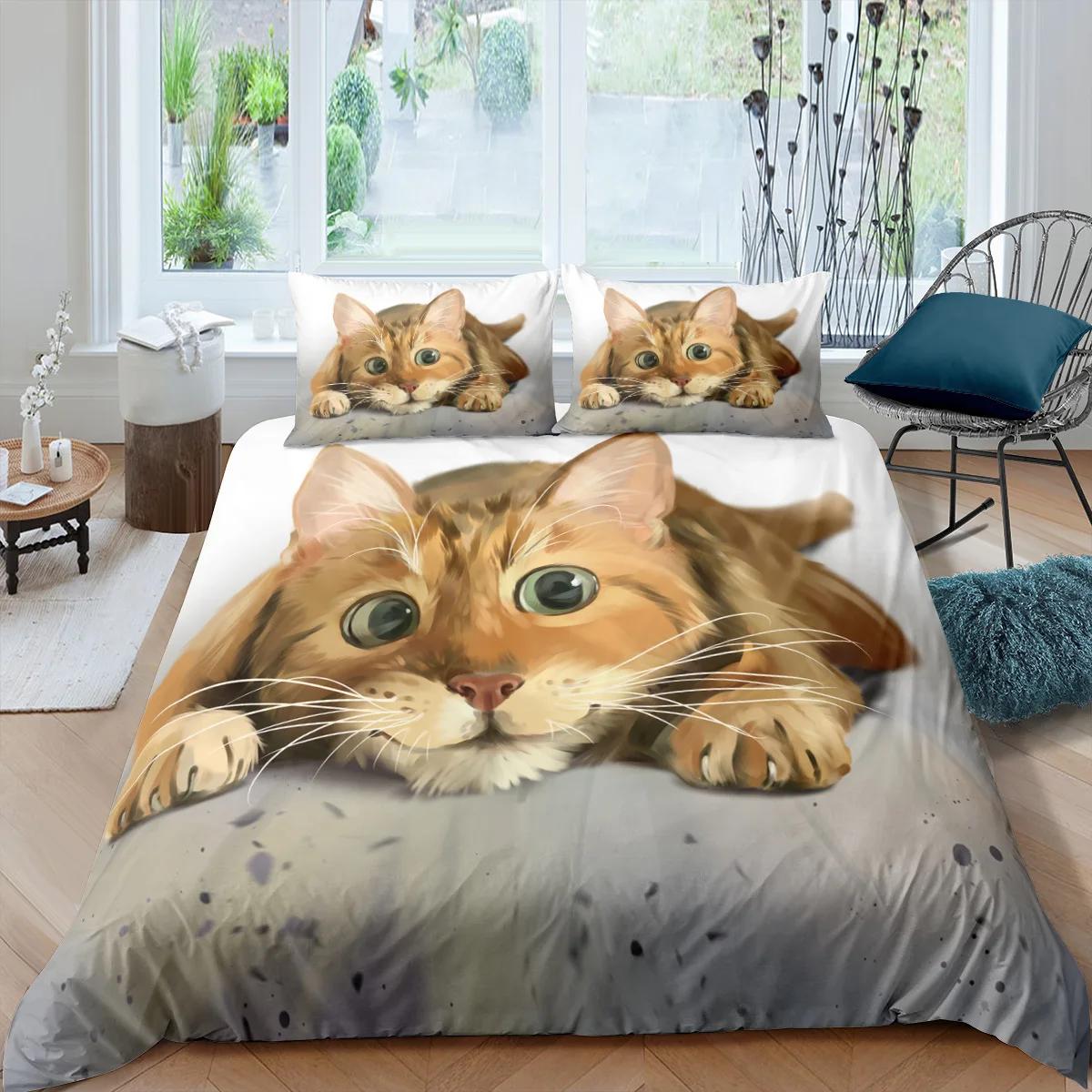 

Cartoon Cat Bedding Cotton Winter Duvet Cover With Pillowcases Kids Twin Full Size Lion Cats Animal Bad Cover Set 100% Quality EU Single(135*200cm)3pcs