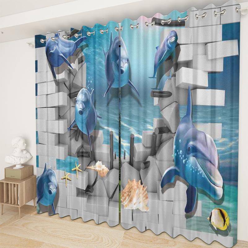 3D Ocean Curtain Fabric Bedroom Living Room Balcony Blackout Curtain Office Hotel Insulation Curtain
