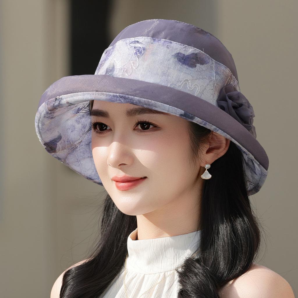 Top Hat Summer Basin Hat Women's Fashion Sun Hat Elegant Versatile Sun Protection Thin Big Eaves Flower Bucket Hat