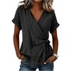 Women Short Sleeve V Neck Wrap Blouse Loose Fit Tie Front Irregular Hem Summer Casual Top