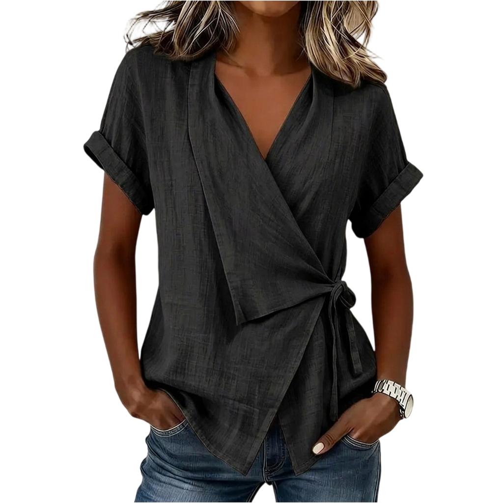 Women Short Sleeve V Neck Wrap Blouse Loose Fit Tie Front Irregular Hem Summer Casual Top