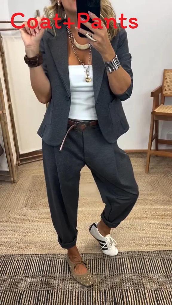 Women Spring Casual Suit Set With Blazer And Pants For Office And Daily Wear