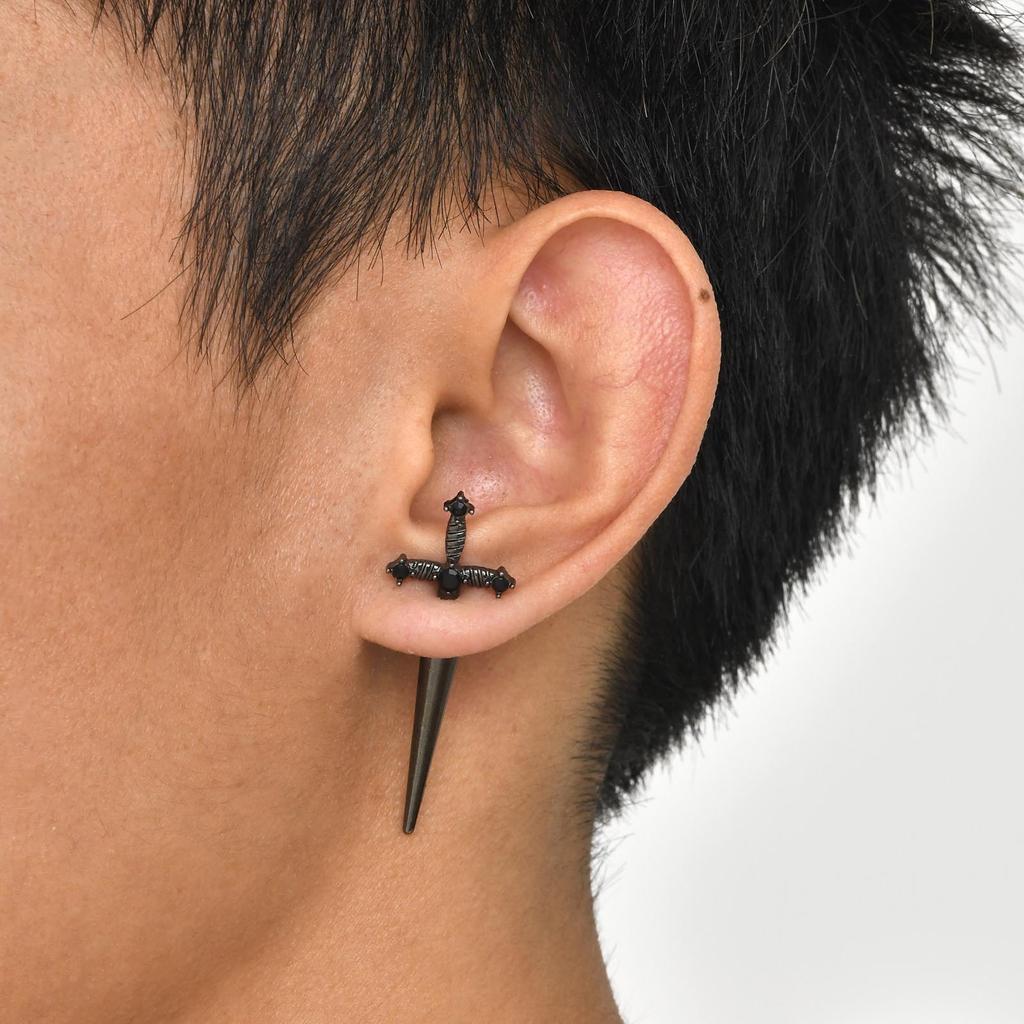 Gothic Sword Shaped Earrings for Men Boys,Metal Black Stone Cross Studs Earrings,Rock Punk Zircon Anniversary Birthday Gifts