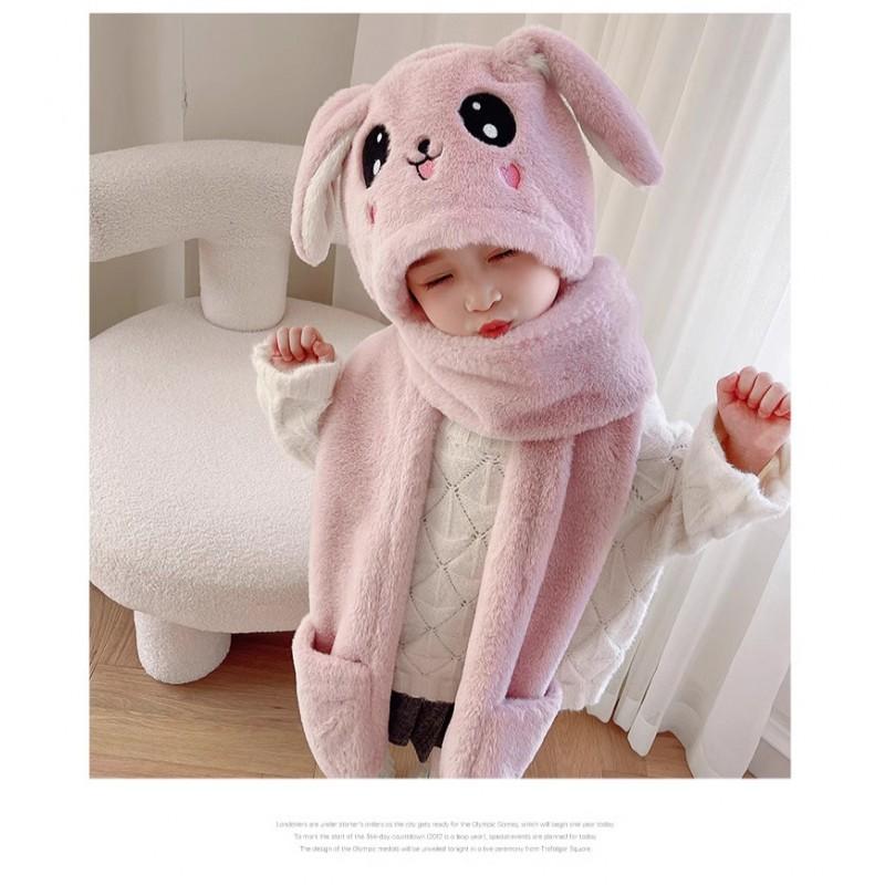 Kids Unisex Warm Ear-Protecting Hat With Moving Bunny Ears Integrated Scarf Winter Outdoor Use