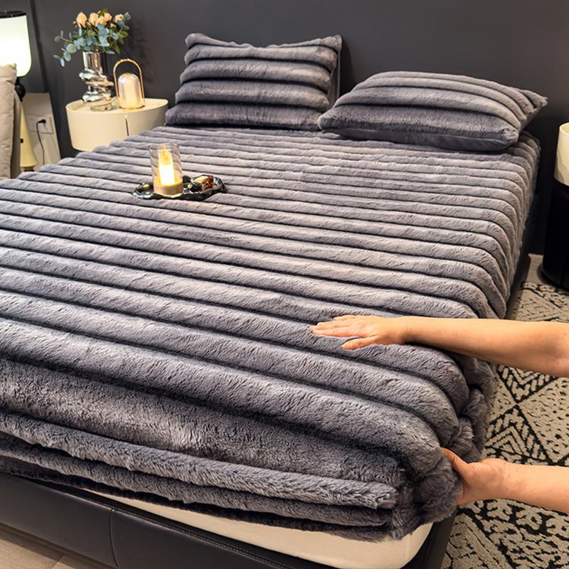 Set Lenzuolo con Angoli in Pelliccia di Coniglio Peluche: Foderato in Pile, Caldo per l'Inverno, Include Coprimaterasso - Set da 3 Pezzi per Letto Matrimoniale
