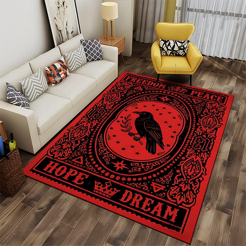 "Red Carpet with Black Crow Symbol and Inspirational Text Design" Suitable for Use As an Anti-slip for Living Room Bedroom Sofas