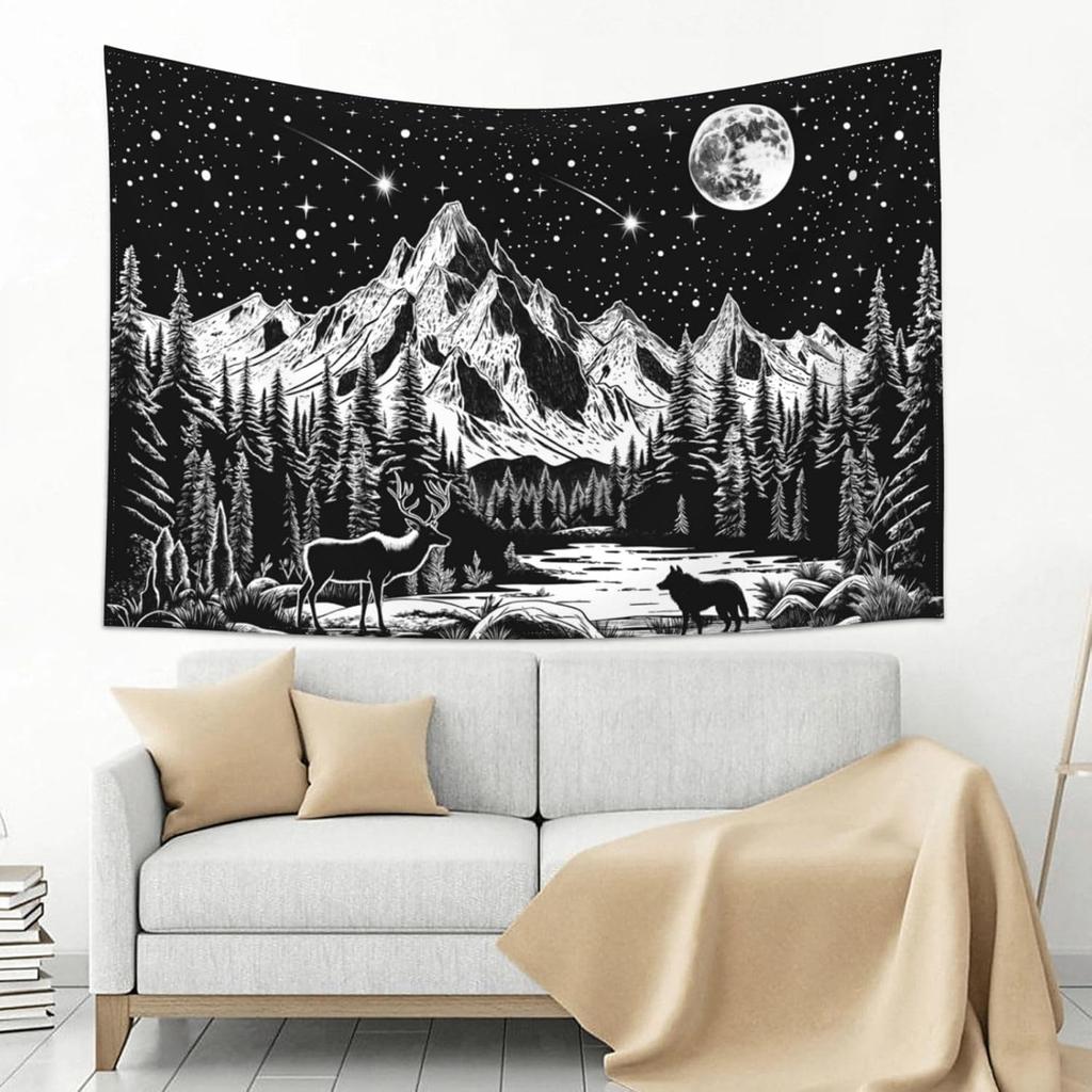 Black And White Tapestry Starry Night Mountain Tapestries For Bedroom Aesthetic Moon And Stars Tapastry'S Wall Hanging Dark