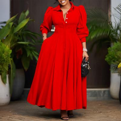 D570 Women's Elegant Long Sleeve Pendulum Shirt Dress Fashion Solid Color Medium and Long African Dress