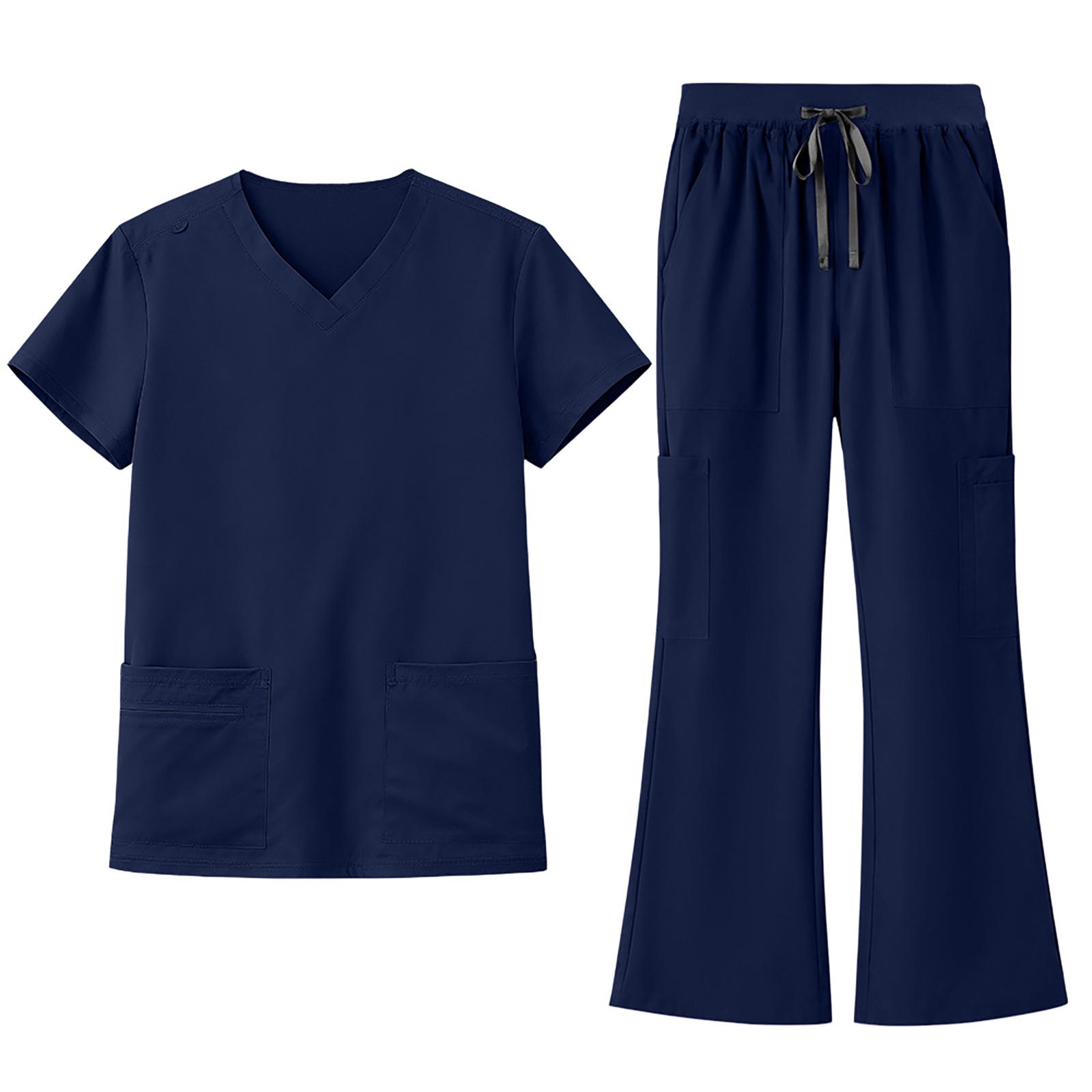 Damen V-Ausschnitt Kurzarm Kasack-Set, 2-teilige Uniform mit Oberteil und Hose M dunkelblaue