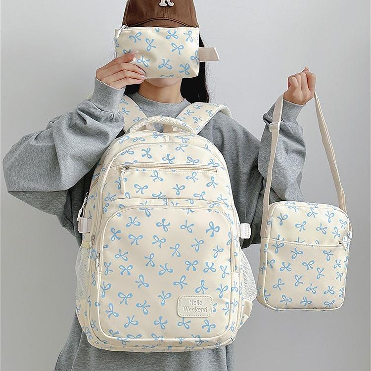 Set de Mochila de Nylon de 3 Piezas Linda Mochila Escolar con Estampado de Lazo para Niñas Mochila Grande con Bolso de Hombro Estuche para Lápices
