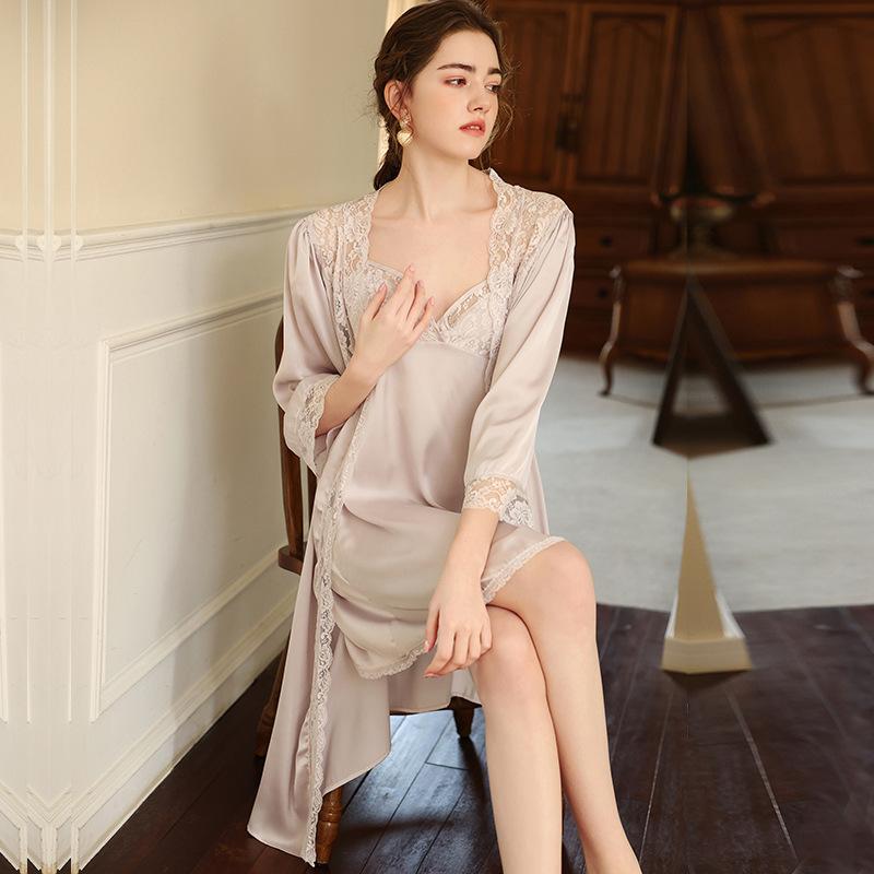 Sexy pajamas women's spring, autumn and summer new lace temptation pure desire wind French long nightgown nightgown two-piece set in stock