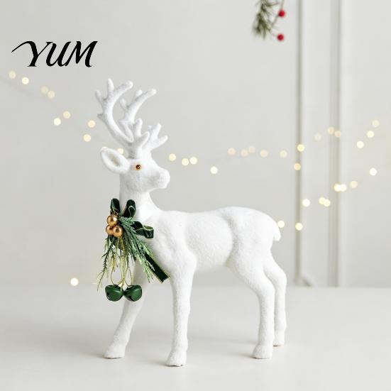 Holiday Gift Accessories with Bells White Flocked Elk Ornament, Ribbon Bell Decor 3D Standing Deer Winter Theme Table Centerpieces Figurine,