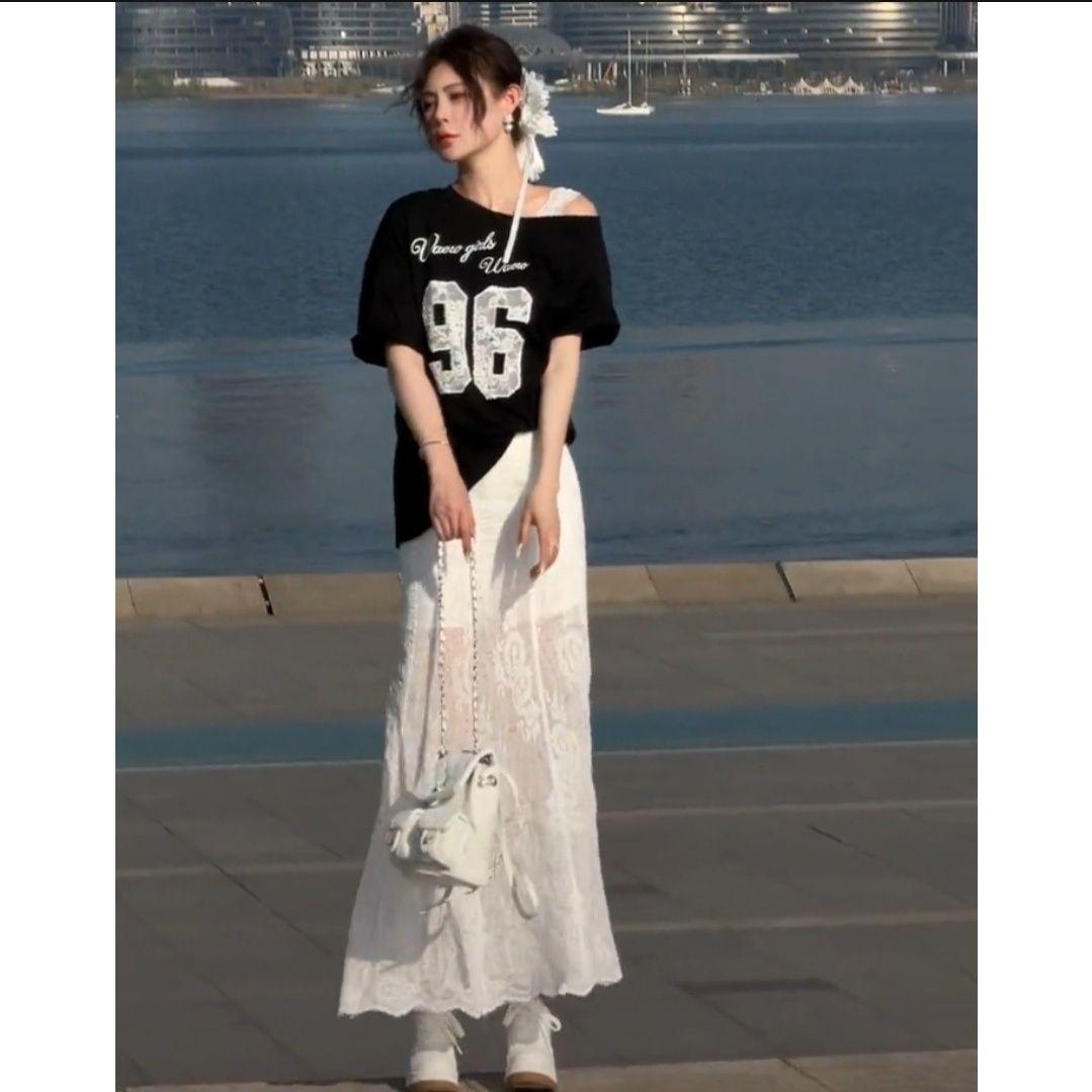 

2026 Korean Style Lace Off-Shoulder T-shirt & Mermaid Skirt Set XL (suggested weight 115-130 jin)