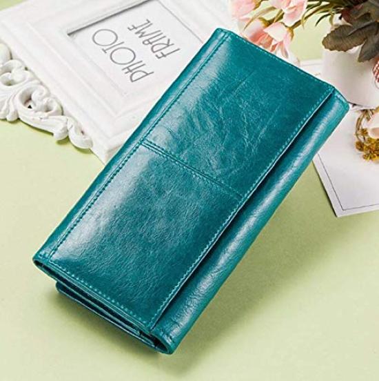 [CONTACTS] Genuine Leather Women's Wallet with RFID and Multi-Function Slim Bi-Fold Zipper Clutch Wallet, Teal Blue