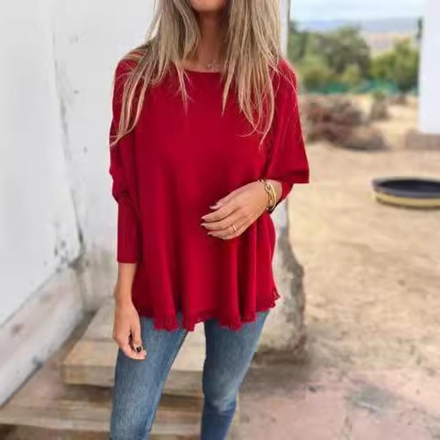 Oversized Long Sleeve Knit Top with Floral Lace Trim for Women - Autumn Winter