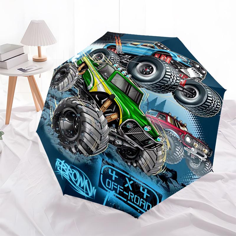 Monster Trucks, Off-Road Adventure Themed Automatic Opening and Closing Umbrella, Compact Travel Umbrella, Lightweight and Portable, Suitabl