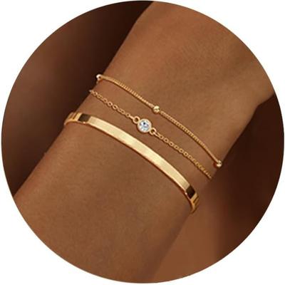 3 szt. Pozłacane 14K STAL NIERDZEWNA Wodoodporne Zestawy Bransoletek dla Kobiet Dziewcząt Łańcuszek Żmijka Ogniwo Kubańskie Bransoletka Manżeta Stackable Bracelets