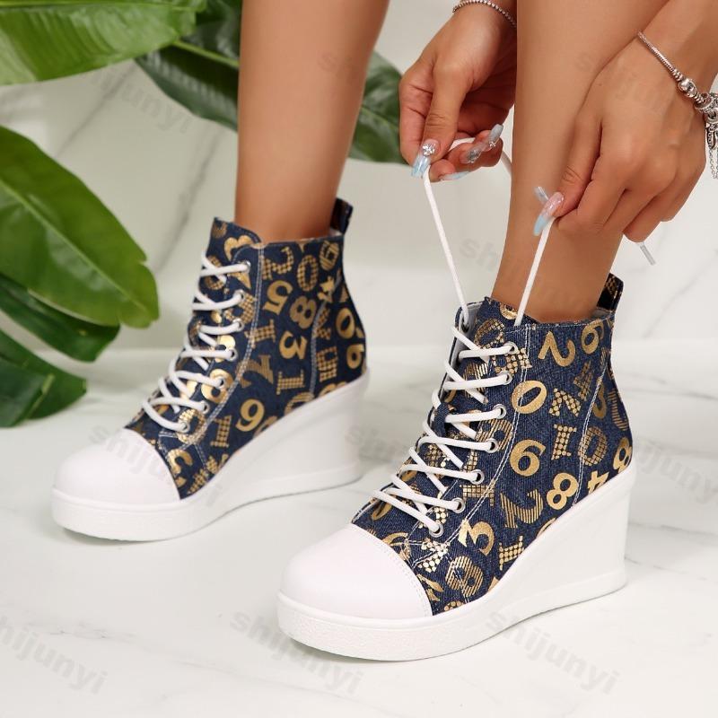 Autumn Women's Color Block High Top Wedge Heel Casual Canvas Shoes Fashion Denim Versatile Comfortable Chunky Single Shoes