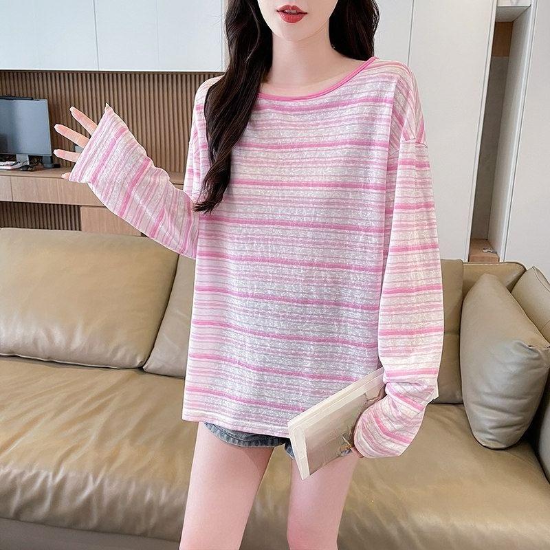 Women's Striped T-shirt Ladies' Contrasting Color Round Neck Long Sleeved Blouse New Korean Style Loose Versatile Top