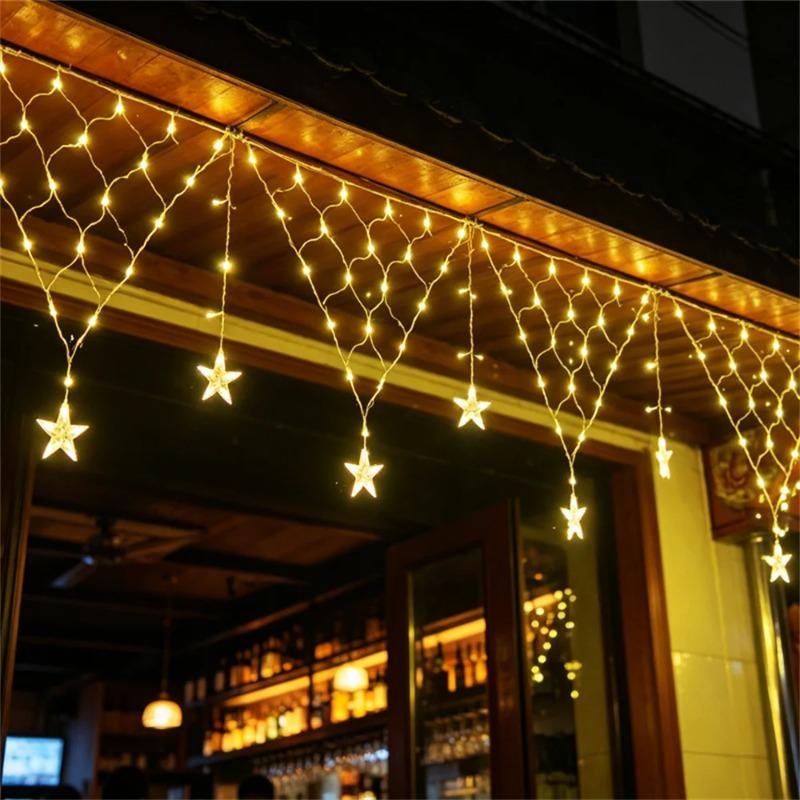 Outdoor Solar Icicle Pentagram String Lights 8 Lighting Modes Waterproof for New Year Christmas Garden Patio Staircase Holiday Decorative Lamps