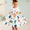 Girls Furry Trim Neck Cuffs Long Sleeve Waist Bow Printed A Line Flared Dress