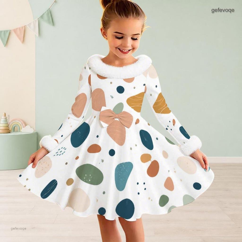 Girls Furry Trim Neck Cuffs Long Sleeve Waist Bow Printed A Line Flared Dress