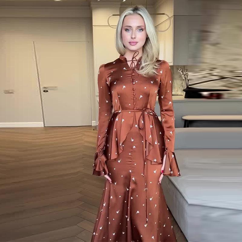 2024 Autumn European & American Women's Bell Sleeve Top + Midi Skirt Set