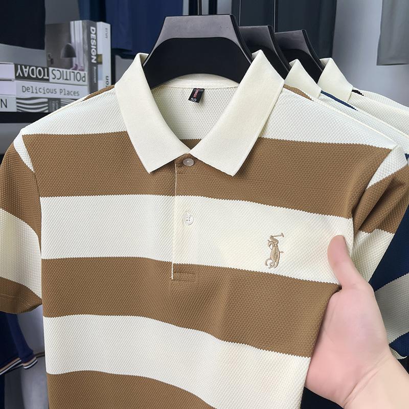 Herrskjorta i koreansk stil, tryckt, randig, pikétröja, bomull, slag, avslappnad, kortärmad topp