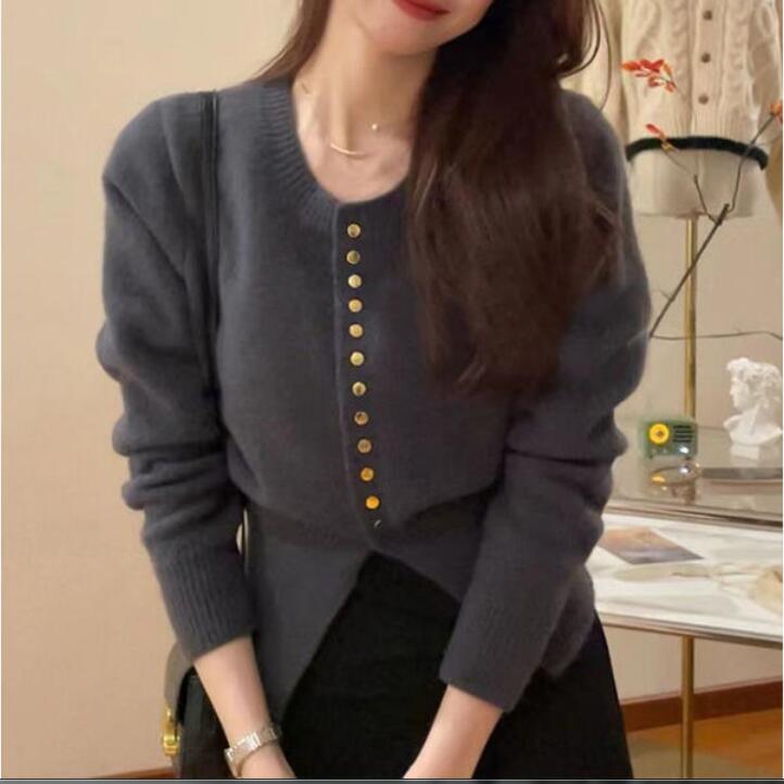Heavy Industrial Waist Cardigan Sweater Metal Button 2023 Autumn and Winter High Waist Long Sleeve Solid Women Knitting Cardigan