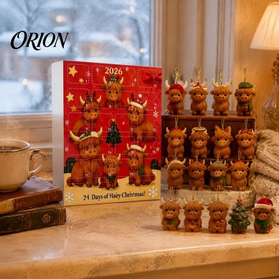Hochlandkuh Adventskalender Weihnachten mit 24 Acryl-Ornamenten, Festliche Countdown-Box für Zuhause zur Baumaufhängung und Saisonale Dekoration