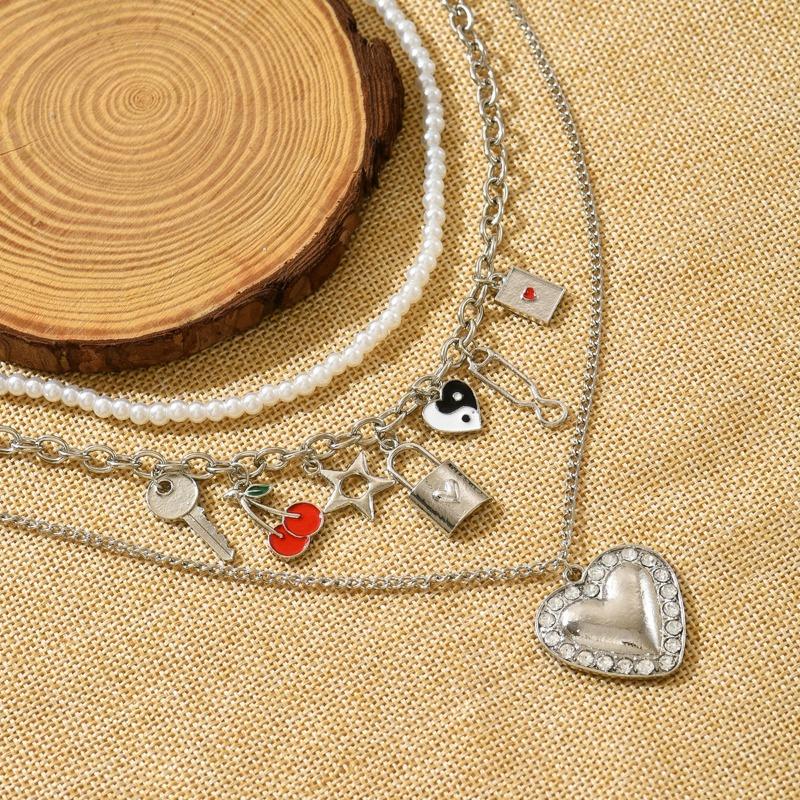 Multi-layer Love Necklace, Retro Pendant, Fashion Key, Cherry Stacked Collarbone Chain Women's Necklace.