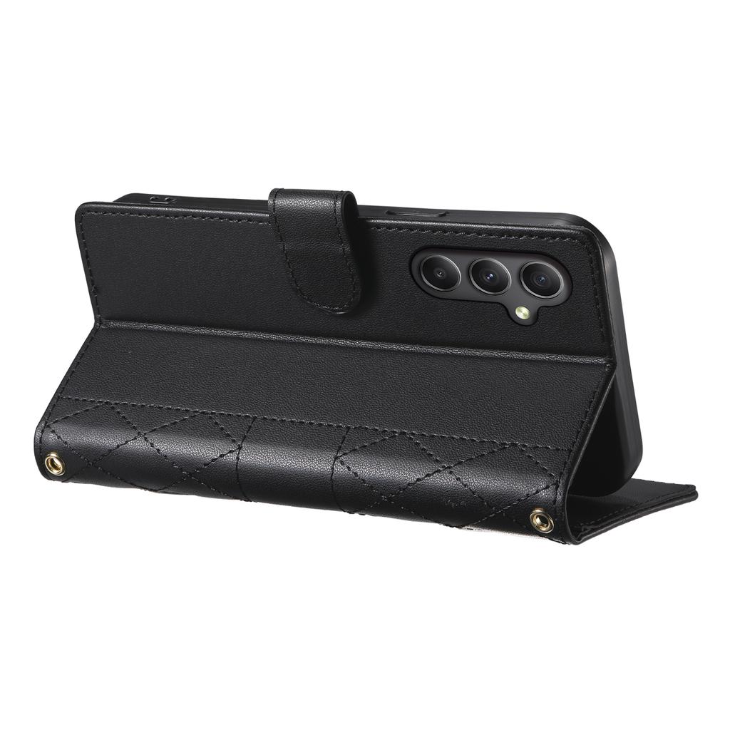 For Samsung Galaxy A35 5G Case Rhombus Stitching Wallet Stand Leather Phone Cover with Long/Short Strap