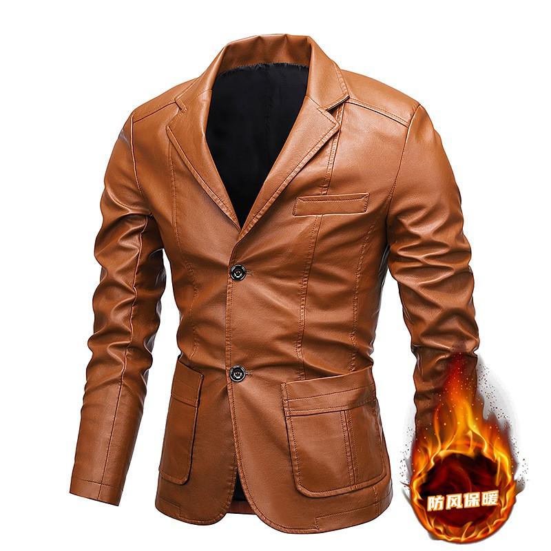 Mens PU Leather Jacket With Notched Lapel Casual Slim Fit Blazer Style Outerwear