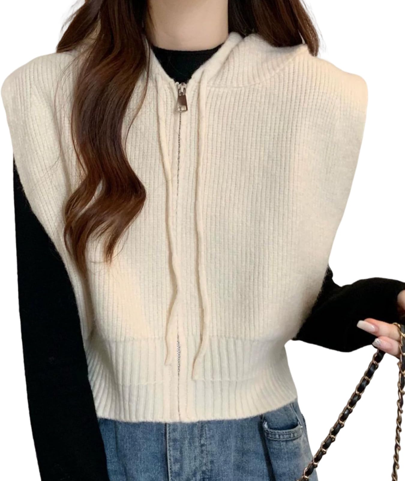 

[J.STORE] Knit Hoodie/Sweater/Vest, White, Fall/Winter Top, Layering, Daily Wear, Mom Outfit, Elegant, Women s, 5A-J06-WH