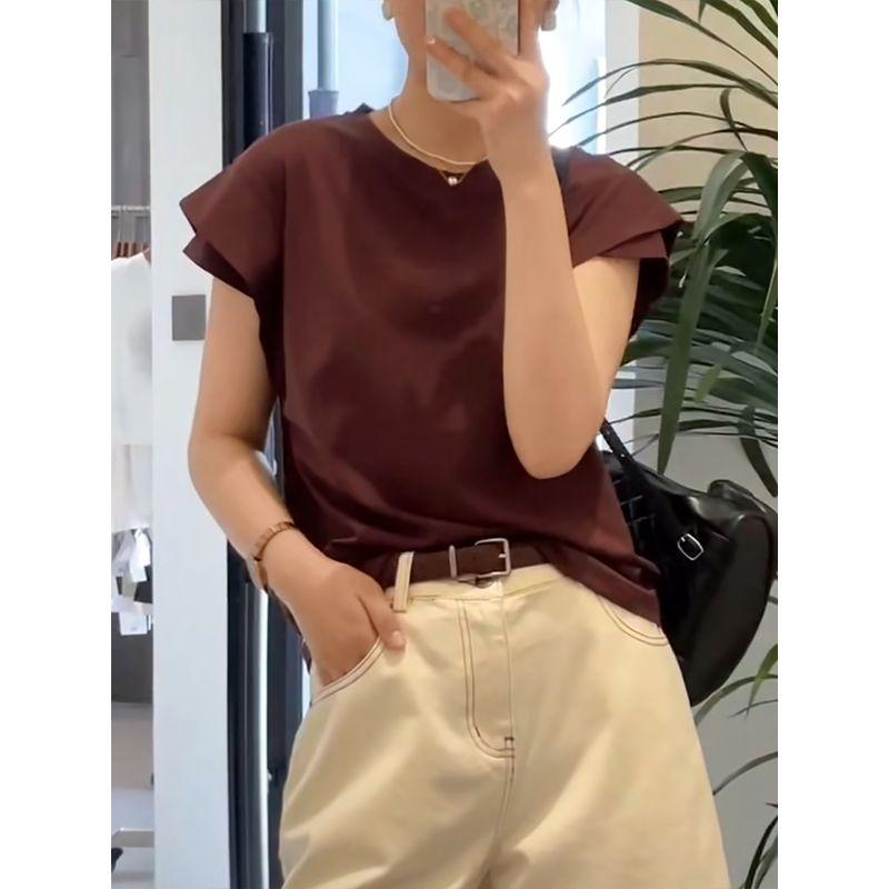 

Рукава Футболка Женская Круглый Вырез Лето 2025 Новинка Простая Свободная Фигуру Подчеркивающая Стильная Нишевый Стиль Безрукавная Куртка Топы с Коротким Рукавом Burgundy S