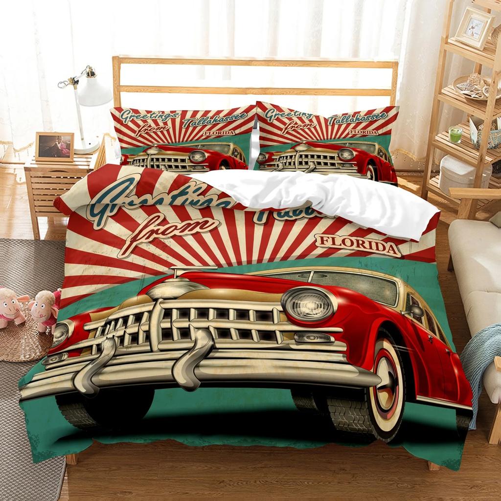 New York Statue Of Liberty Duvet Cover Kingqueen Size Retro Car Nostalgic 50S BeddingVintage Car Polyester Quilt Cover For Men