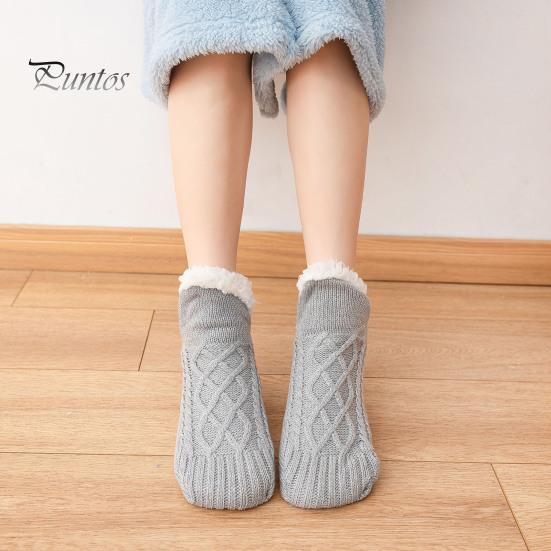 1 Pair Winter Floor Socks Thick Plush Knitted Heat Retention Anti-slip Silicone Sole V-Shaped Ribs Warm Daily Home Wear Bedroom Socks