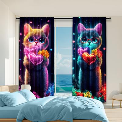 Set Of 2 Colorful Dream Cat Printed Window Curtain Treatment Bedroom Office Kitchen Living Room Study Home For Sitting Made Polyester With Rod Pocket