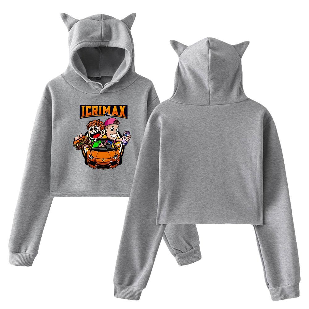 Korean Fashion Icrimax Print Kawaii Crop Top Hoodie Funny Cat Ear Cropped Short Sweatshirt Hooded Pullover Women Tops Streetwear