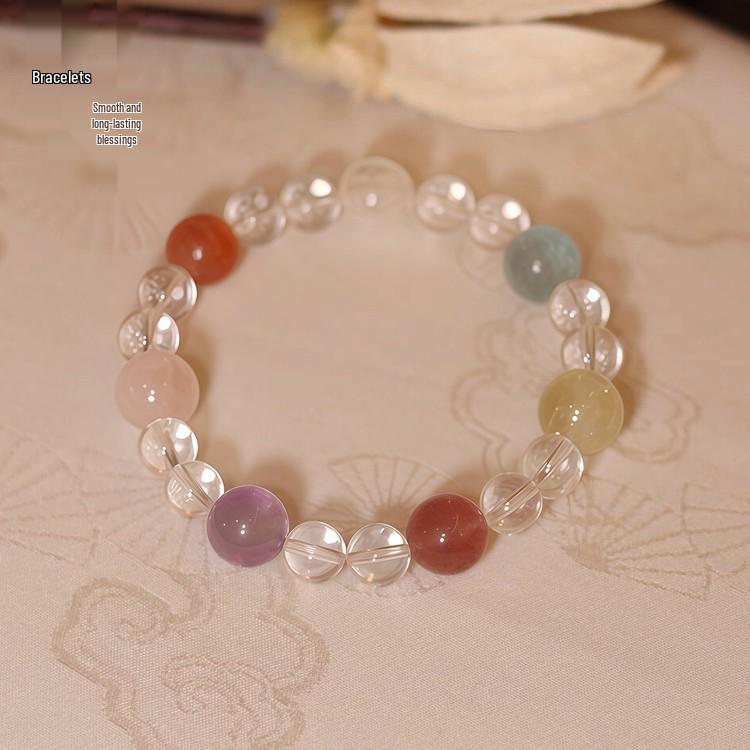 Five Elements Multi-Crystal Round Bead Bracelet - Transparent, Bright, High-End Design