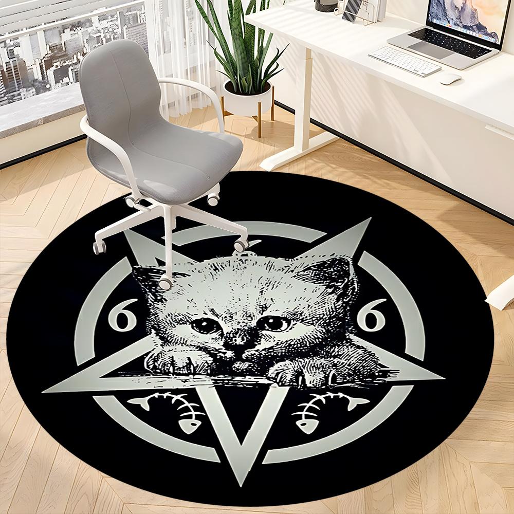 1pc Kitty Pentagram Office Round Area Rug, Indoor Mat Suitable ForOffice, Under Office Chairs Bedroom Living Room Home Decor, Room Deco u23