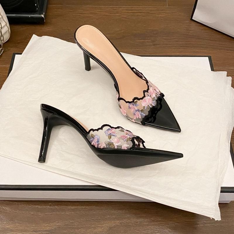Summer Women's Embroidered Pointed-toe Stiletto Mules Comfortable High-heeled Slides For Outdoor Wear