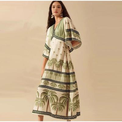 Yaz V Yaka Baskılı Elbise Kadın Bol Yarım Kollu Moda Tatil Elbisesi